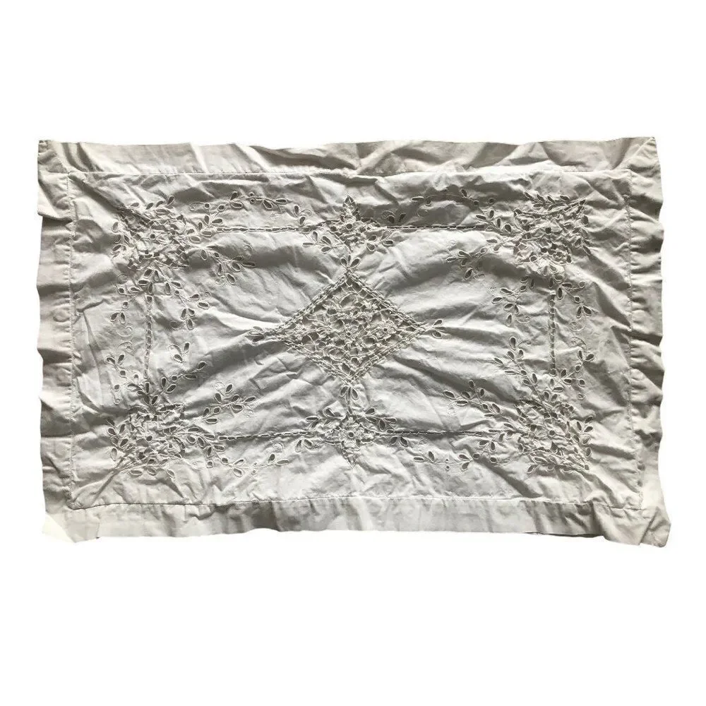 Vintage Hand Embroidered Pillowcase White Cut Work 28” x 18”